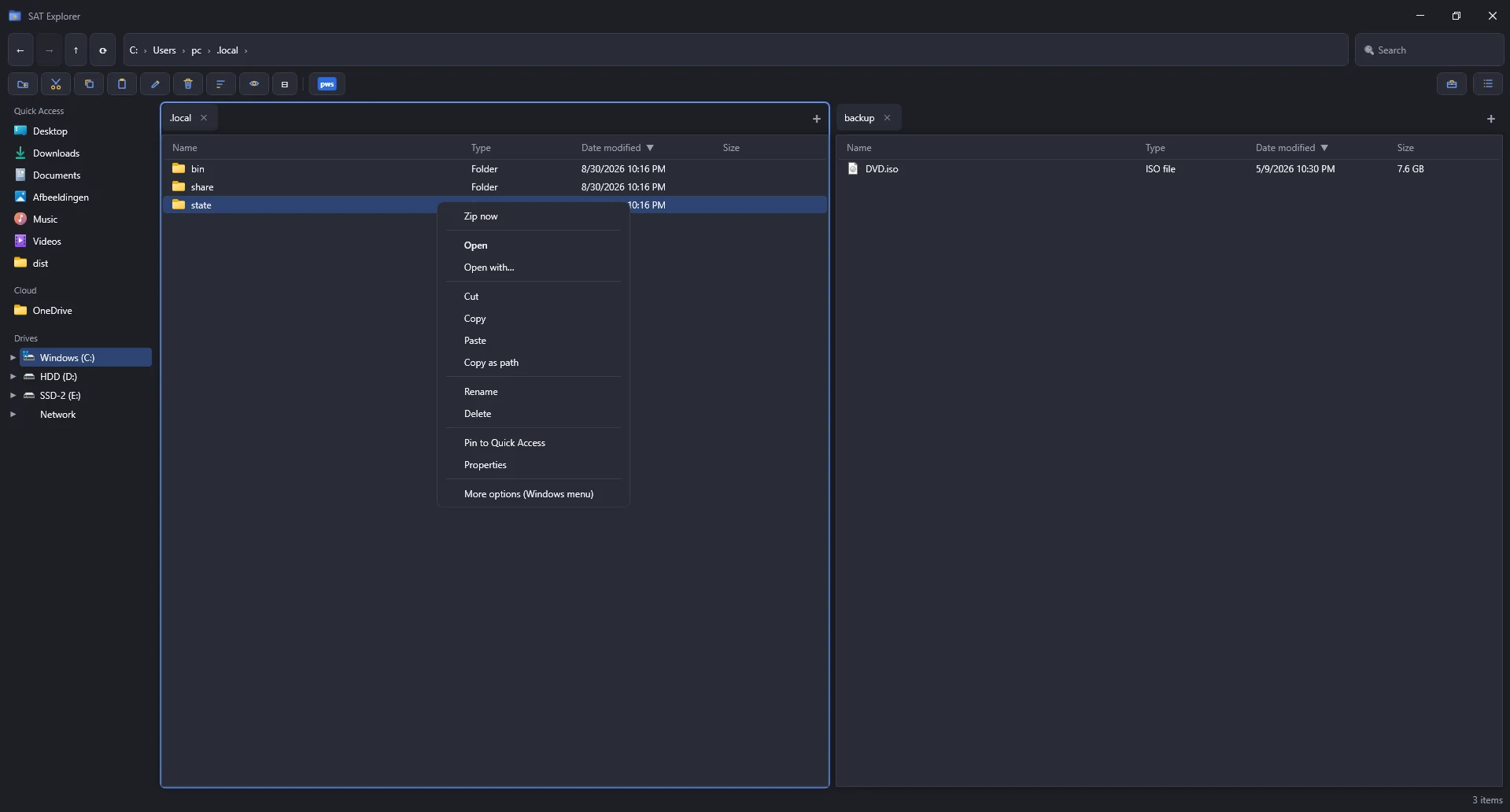 SAT Explorer with two panes side by side, a sidebar with quick access and drives, and a toolbar